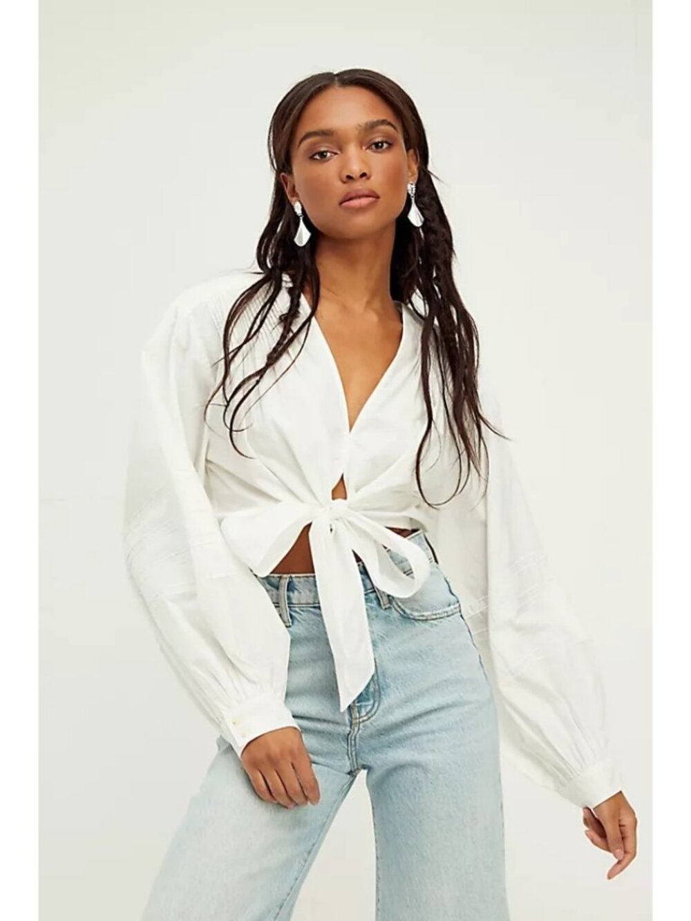 Free People White Gigi Tie Front Top Cotton Cropped Balloon Sleeves Size S